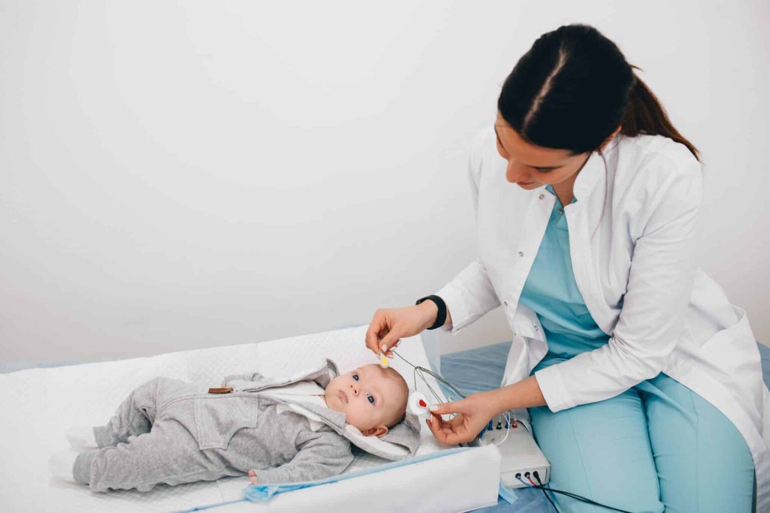 Pediatric Hearing Screening Baby in a hospital setting getting small electrodes placed on its head by a doctor who is leaning over it on a bench next to the small table the baby is lying on